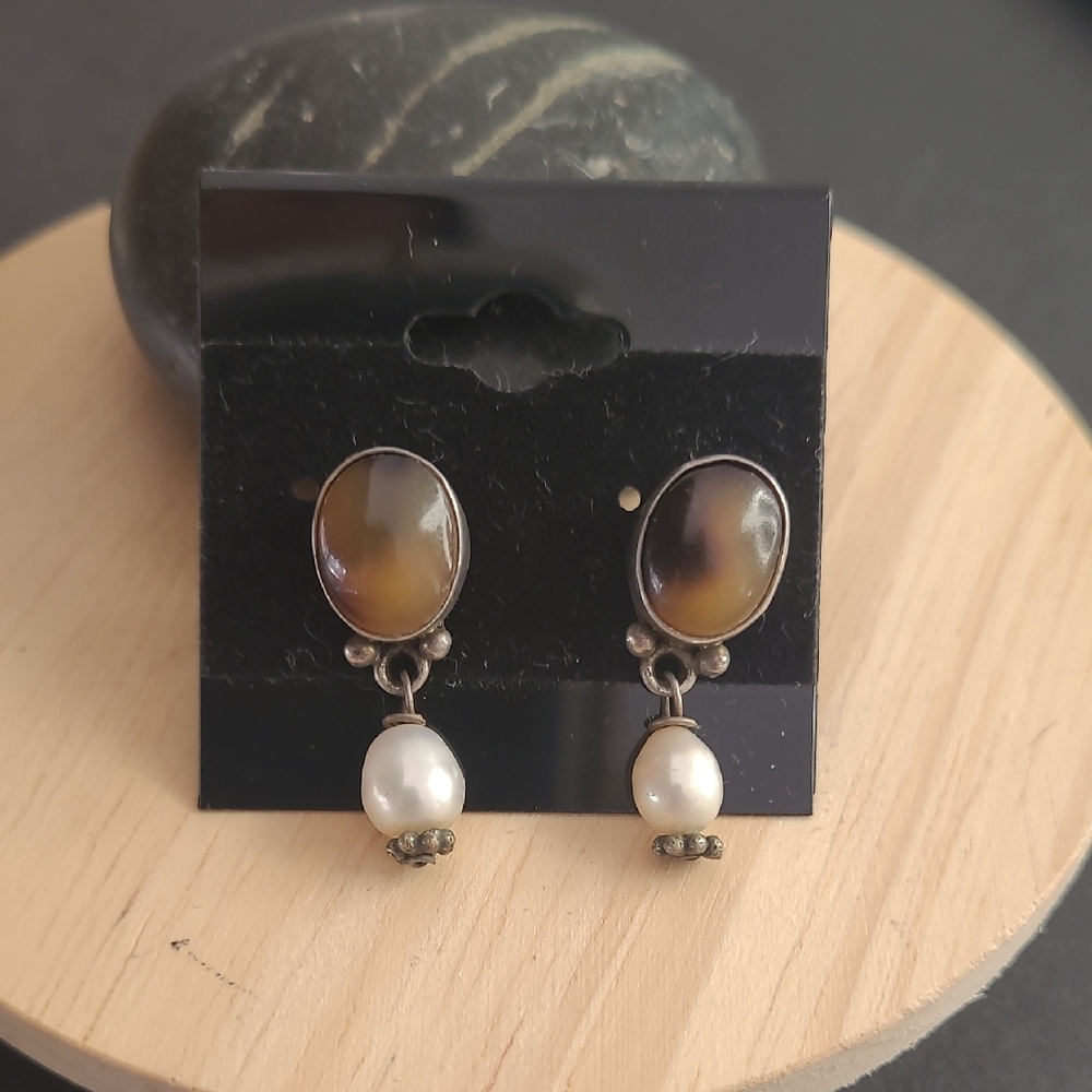 Vintage Tiger Eye And Pearl Post Earrings